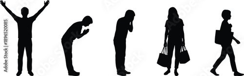 People silhouette sequence showing different human emotions and daily activities including celebration apology sadness shopping and walking representing lifestyle body language isolated on white 