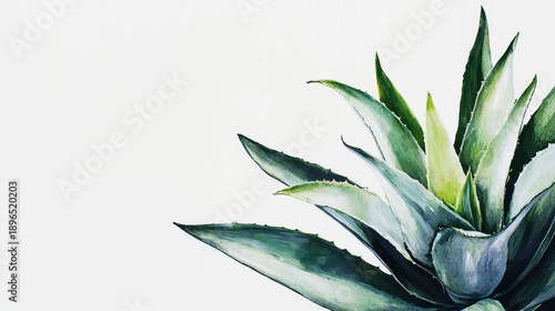An agave plant with pointed leaves extends from the corner of the frame on a white background, showcasing cool green and blue hues in a watercolor style art piece.