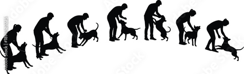 Silhouette sequence of man playing with dog showing training affection bonding obedience and companionship concept isolated on white background pet care interaction illustration