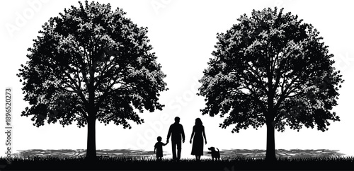 Family walking in nature, peaceful outdoor scene, silhouette art, dog with family, tranquil landscape, bonding moment, trees, lake, grass, harmony