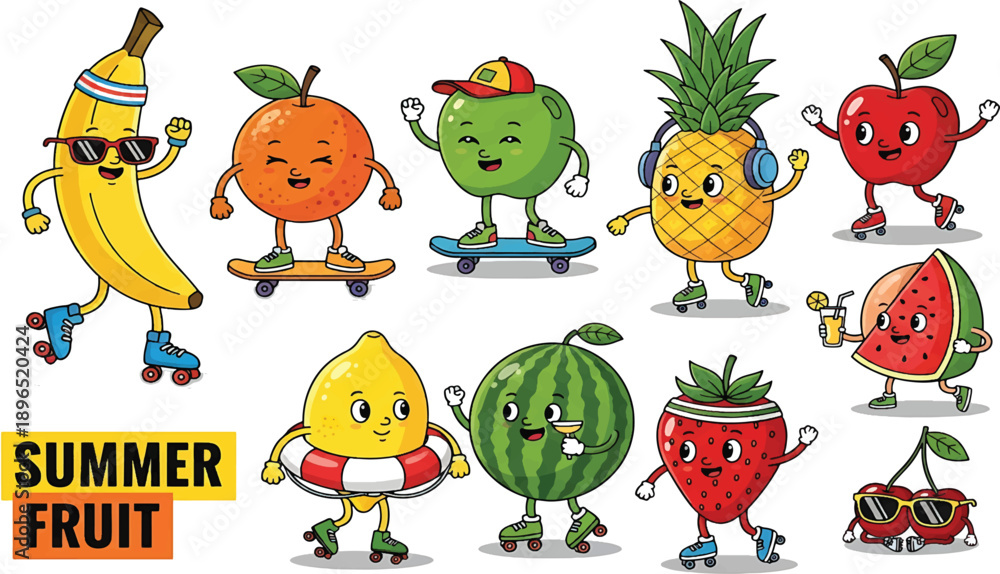 Obraz premium Fruit characters. Summer funky mascots. Cartoon retro juicy strawberry, apple, happy cherry, peach, pineapple, watermelon, lemon, orange. Comic food.