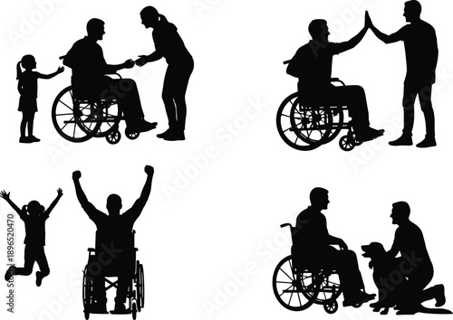 Wheelchair assistance silhouette collection showing people helping disabled man celebrating support inclusion friendship care and positive social interaction isolated on white background illustration