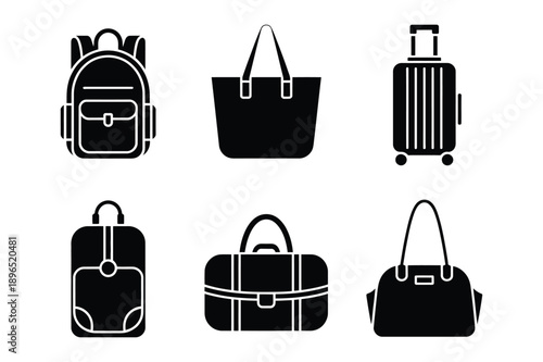Travel Bag Icons: Luggage, Backpack, Tote, Duffel, Silhouette