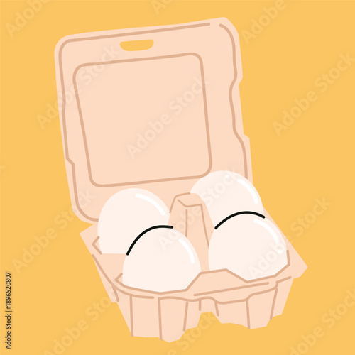 Four organic farm eggs in open cardboard egg tray and crate, fresh poultry product package, natural healthy food storage, domestic farming and grocery concept, vector illustration.