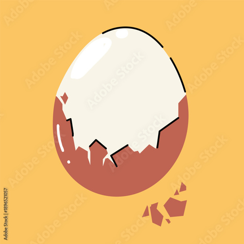 Peeled boiled egg with broken shell, organic poultry farm product, healthy snack and nutrition, domestic household agriculture, flat vector design.