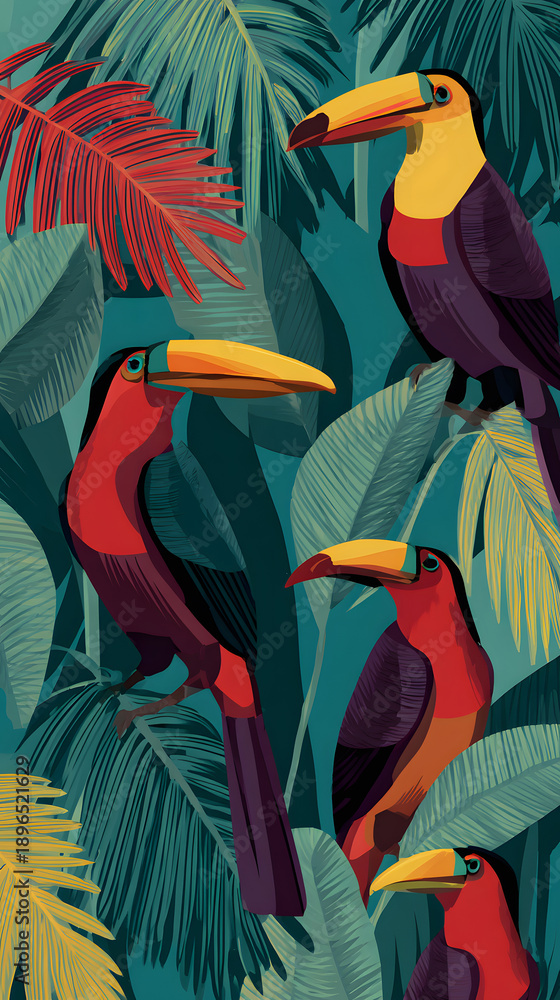 Fototapeta premium Colorful toucans perched among green leaves in a tropical setting during daytime