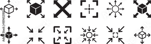 Expand size vector icon set with arrows for resize and scale actions, clean flat design isolated on white