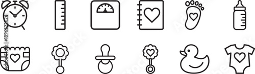 Outline baby vector icon set with cute infant illustrations, simple line style, isolated on white