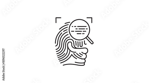 Magnifying glass examining fingerprint in minimalist line art with simple black lines on white background for digital identity