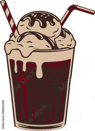 Chocolate Ice Cream Sundae With Straws In Glass vector illustration EPS PNG file download.
