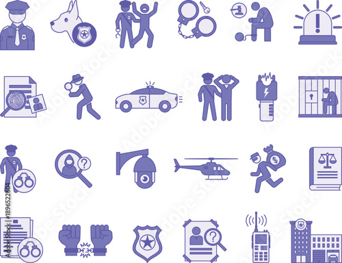 Colored Police Icon Set. Vector Illustrations: Arrest, Handcuffs, Suspect, Policeman, Police Car, Prison, Taser, Investigate, Detective, Walkie-Talkie, Officer, Thief, Police Station, and More