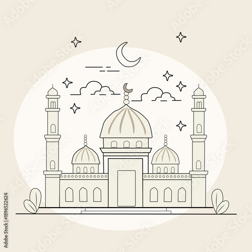 Minimal mosque illustration with crescent moon night sky vector art