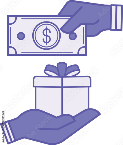 Colored Purchase Icon. Vector Illustration. A Person Purchasing a Product with Money. Human Hand, Dollar Bill, Gift Box. Payment Concept