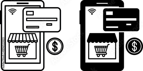 E Commerce Icons. Glyph and Line Vector Illustrations. Mobile Phone, Online Store, Shopping Cart, Dollar Coin, and Bank Card. Online Financial and Trading Transactions. Payment Concept