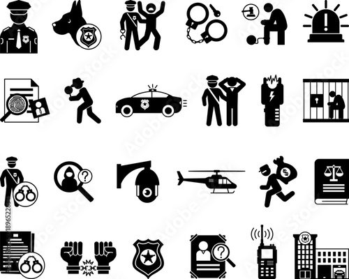 Glyph Police Icon Set. Vector Illustrations: Arrest, Handcuffs, Suspect, Policeman, Police Car, Jail, Taser, Investigate, Detective, Walkie-Talkie, Officer, Thief, Police Station, and More