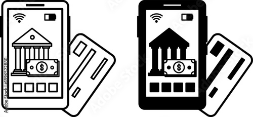 Mobile Banking Icons. Glyph and Line Vector Illustrations. Mobile Phone, Bank Card, Bank, and Money. Banking App for Account Management and Financial Transactions. Payment Concept