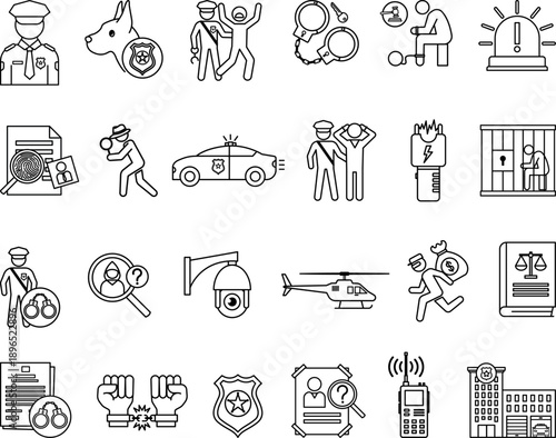 Line Police Icon Set. Vector Illustrations: Arrest, Handcuffs, Suspect, Policeman, Police Car, Prison, Taser, Investigate, Detective, Walkie-Talkie, Officer, Thief, Police Station, and More