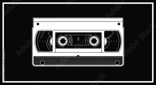 Vintage cassette tape illustration, black and white retro audio media design, isolated analog music recording symbol on dark background for nostalgia concepts