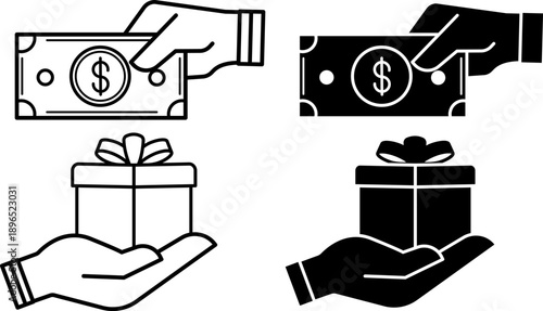Purchase Icons. Glyph and Line Vector Illustrations. A Person Purchasing a Product with Money. Human Hand, Dollar Bill, Gift Box. Payment Concept