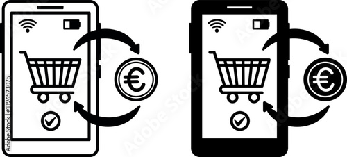 Transaction Icons. Glyph and Line Vector Illustrations. Mobile Phone, Shopping Cart, and Dollar Coin. Online Payment, Banking. Payment Concept