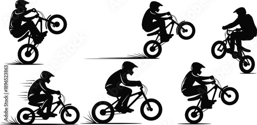 BMX rider silhouette illustrations, black dynamic poses of stunts, wheelies, jumps, speed riding, freestyle biking and outdoor motion