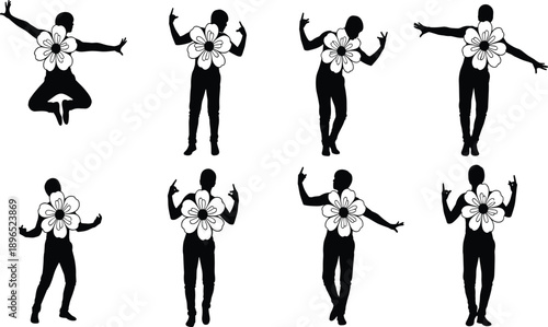 Expressive dance silhouette illustrations with floral chest design, black human poses symbolizing movement, nature, emotion, and artistic expression