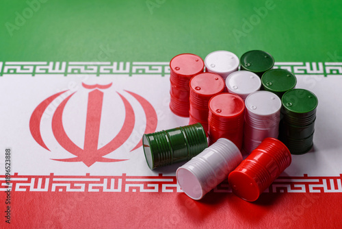 Photography Metal barrels of oil, gas, or chemicals on the Iranian flag, Iran production