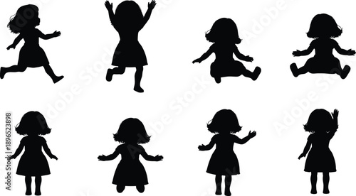 Child silhouette illustrations in playful poses, black dynamic movements of walking, jumping, sitting, expressive gestures, childhood activity and motion