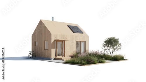 Modern eco-friendly wooden house with solar panels and garden