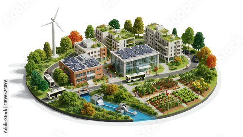 Sustainable eco-friendly community with green buildings and renewable energy