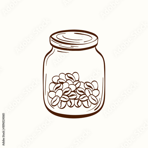 Glass jar with coffee beans featuring visible beans. Simple storage element for cafe branding, packaging, menus, labels, stickers and coffee designs