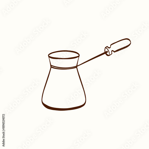 Coffee cezve pot with long handle drawn in clean outline on a light background. Simple kitchen element suitable for cafe branding, menus, packaging, stickers, icons and coffee themed designs
