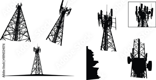 Telecommunication tower silhouettes, black illustration of signal antennas, wireless infrastructure, mobile network structures, lattice design and broadcast technology