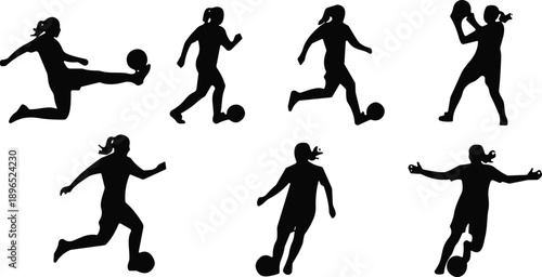 Female soccer silhouette poses, dynamic football movements with ponytail athlete, kicking, running, passing, holding ball in black illustration