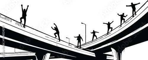 Silhouetted skateboarders on urban highway overpasses, dramatic black and white illustration of motion, risk, freedom, and street exploration