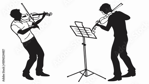 Two Musicians Silhouetted Playing Violins Together with Sheet Music Stand for Concert Promotion Education or Performance Design