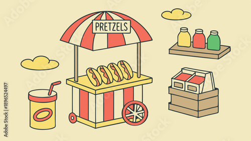 Nostalgic Summer Fair Food Stall Selling Hot Dogs and Soft Drinks for Outdoor Event Promotion and Food Service Design