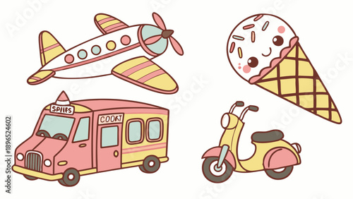 Cute Kawaii Transportation and Treat Icons Airplane Ice Cream Truck Scooter for Kids Summer Fun Design Elements