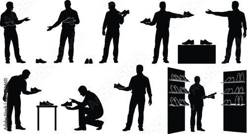 Shoe store interaction silhouettes, black vector icons, footwear inspection, shelf browsing, retail gesture, shopping posture, display illustration set