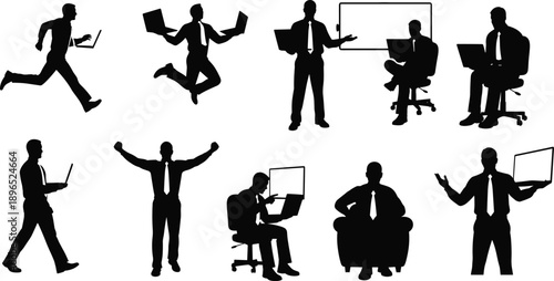 Business laptop interaction silhouettes, black vector icons, office posture, remote work gesture, presentation pose, seated and dynamic illustration set