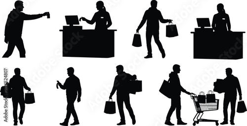 Shopping and cashier silhouettes, black vector icons, retail interaction, bag carrying, checkout counter, consumer gesture, store activity illustration set