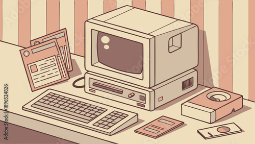 Retro Computer Setup on Desk for Vintage Tech Blog Design or Nostalgic Office Workspace Illustration