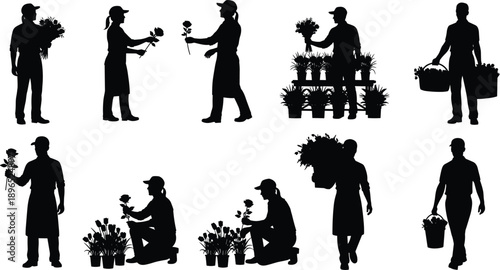 Florist and flower handling silhouettes, black vector icons, bouquet exchange, plant care, basket carrying, gardening gesture illustration set