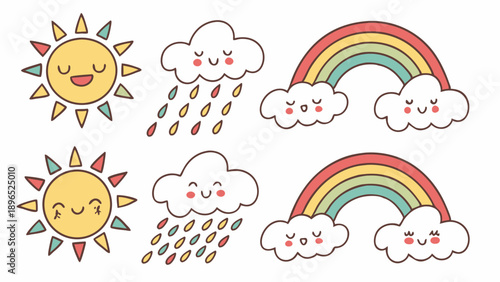 Cute Kawaii Weather Icons Set Sun Rain Cloud Rainbow for Kids Education App Design and Joyful Spring Summer Graphics