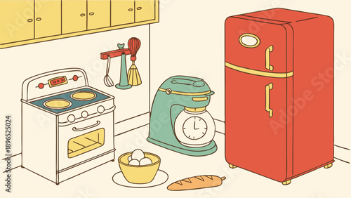 Vintage Kitchen Scene with Retro Refrigerator Stove and Mixer for Recipe Blog Web Design Food Advertising