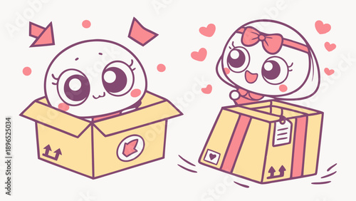 Cute Kawaii Characters Unboxing Joyful Surprise Gifts from Delivery Boxes for E-commerce Sales and Delivery Service Promotion