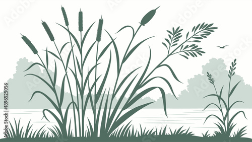 Serene Cattail Reeds Silhouette Wetland Landscape Design Element for Nature Ecology Environmental Web Banners