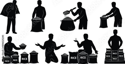 Rice handling silhouettes, sack carrying workers, black vector icons, agricultural labor, packaging, scooping, inspecting, distribution, food supply scene