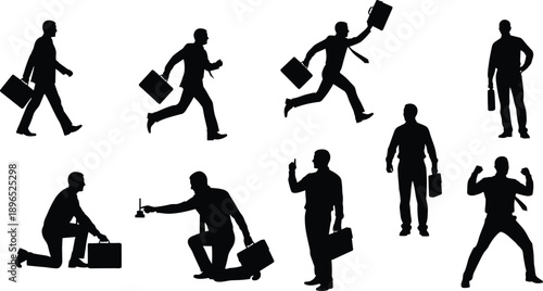 Businessman silhouettes with briefcase, dynamic poses, corporate icons, professional actions, legal gesture, career movement, black vector illustration set