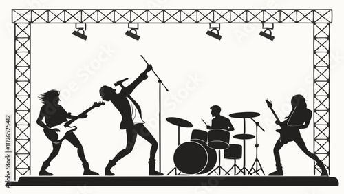 Dynamic Rock Band Silhouette Performing Live Concert on Stage with Bright Stage Lights for Music Promotion Event Advertising